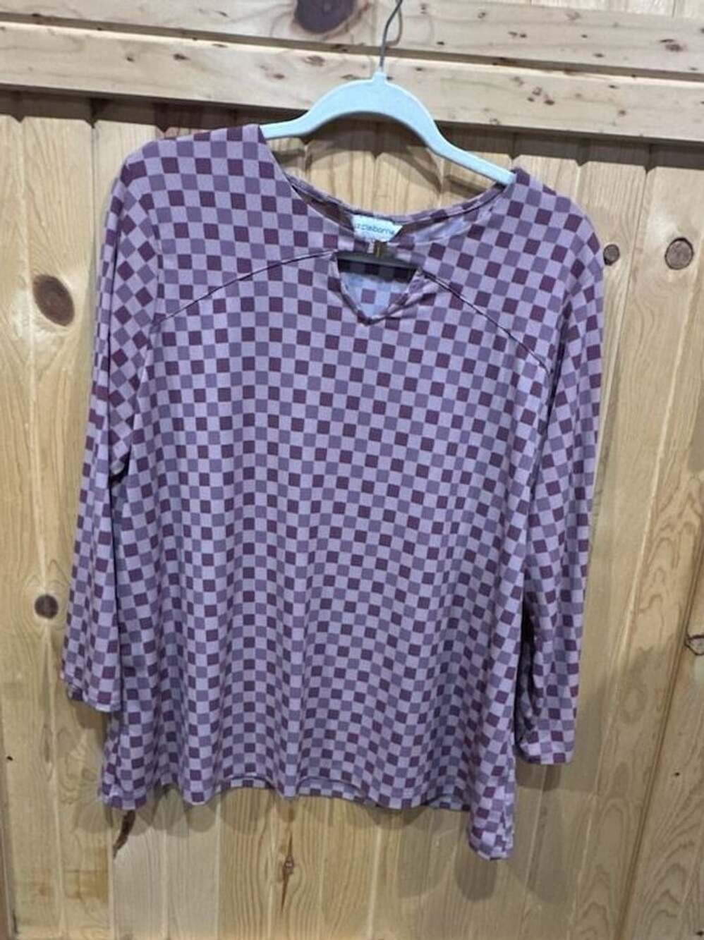 Liz Claiborne Blouse Size XL Purple Pink Checkered Long Sleeve Keyhole